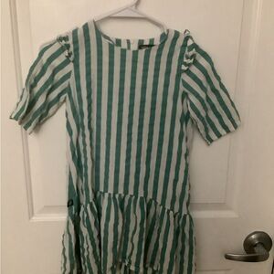 Hebe Green & White Striped Girls Dress With Ruffles, Sz 6-8years (122-128Cm)
